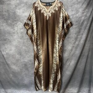 Goddess by Winlar Satin Kaftan Maxi Dress Womens OS Brown Embroidered Lounger
